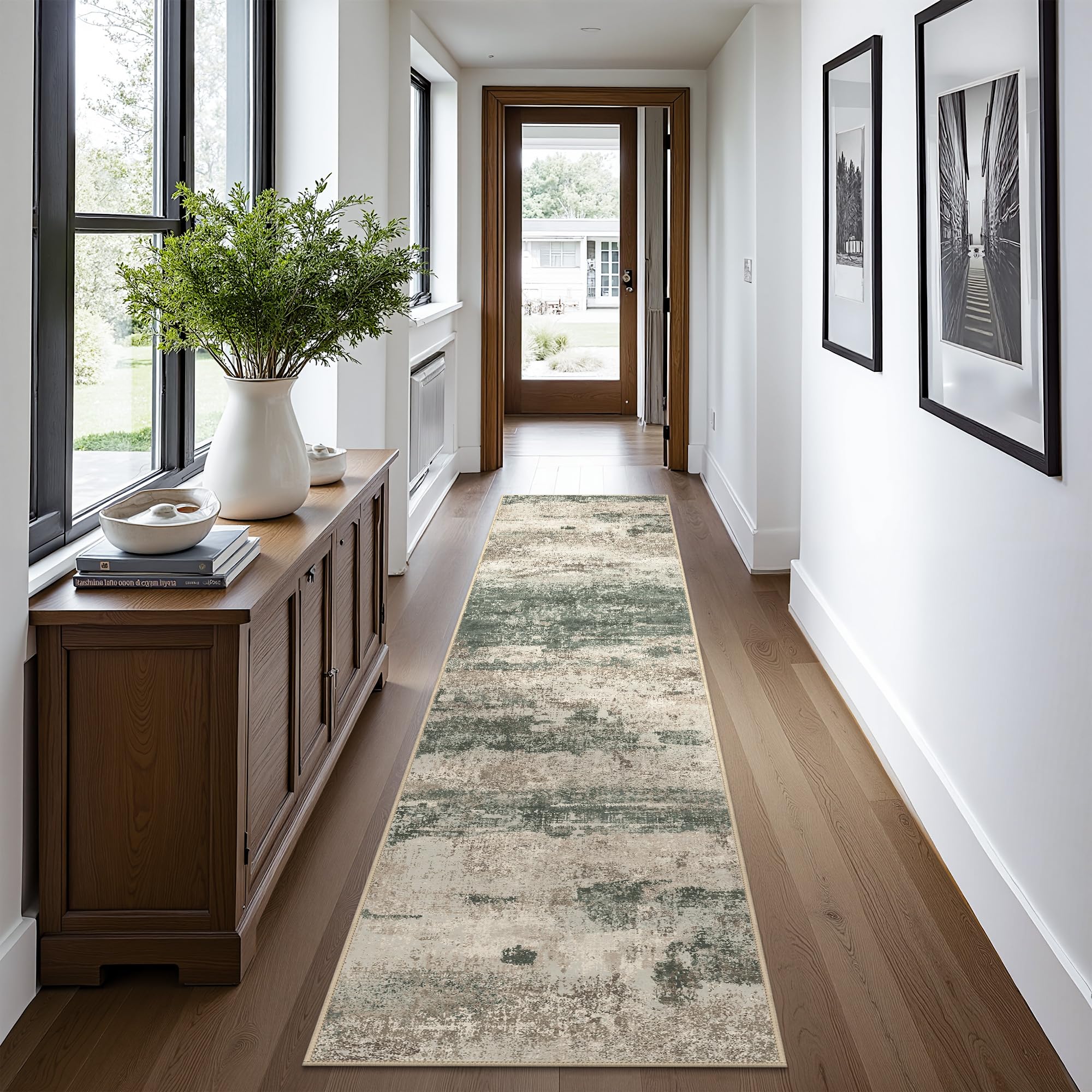 BEIMO 2'6"x10 Runner Rug for Hallway, Green Taupe Washable Abstract Rug