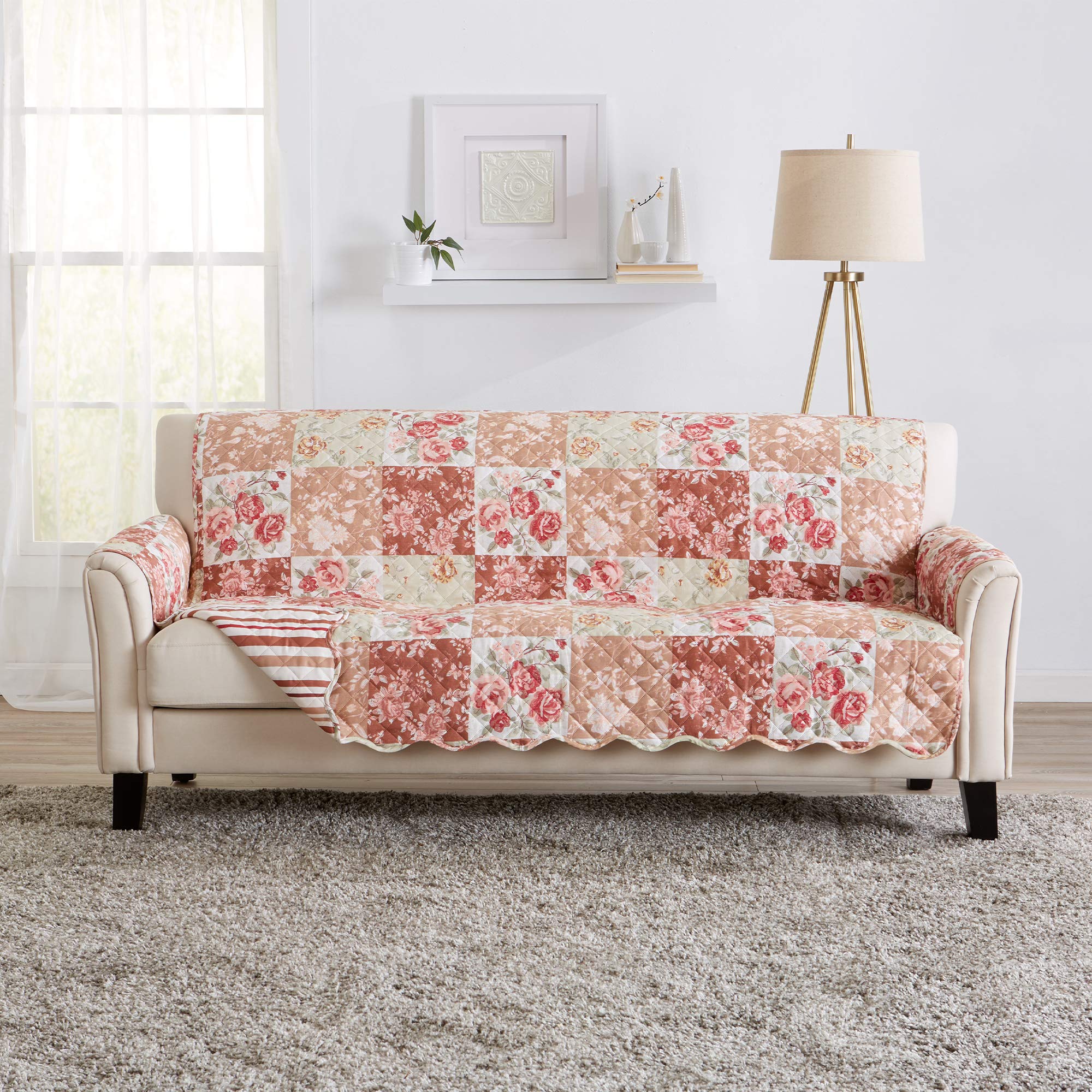 Great Bay Home Reversible Floral Patchwork Sofa Furniture Protector - Machine Washable, Scalloped Edge, Stain Resistant, Printed Furniture Cover for Dogs, Kids, and Pets (Burgundy/Taupe)