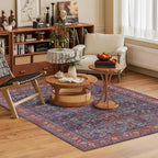 Washable Area Rug 6' x 9' Vintage Traditional Persian Mat - Foldable Distressed Non-Slip Machine Washable Carpet for Living Room Bedroom Kitchen Home Decor - Indigo and Crimson