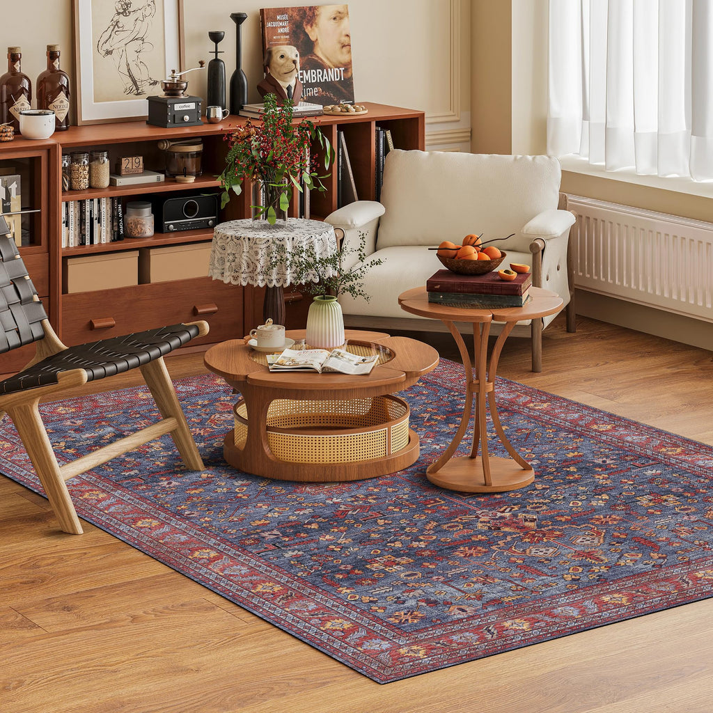 Washable Area Rug 8' x 10' Vintage Traditional Persian Mat - Foldable Distressed Non-Slip Machine Washable Carpet for Living Room Bedroom Kitchen Home Decor - Indigo and Crimson