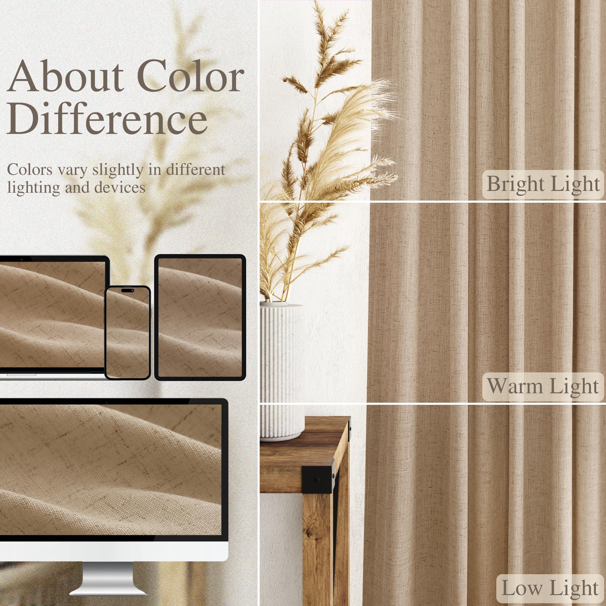 Sand Beige Linen Curtains for Living Room 105 Inches Long Simple Modern Light Filtering Semi Sheer Curtain Back Tab Rustic Farmhouse Luxury Home Decor Drapes for Bedroom Dinner Room 52x105, 2 Panels
