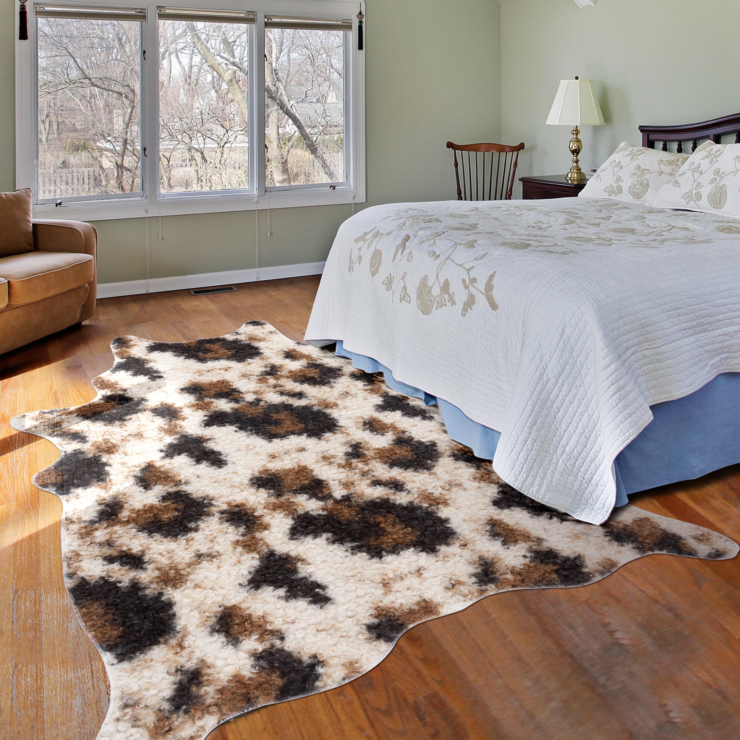 WARM HAVEN Faux Fur Cowhide Rug: Fluffy Cow Print 5.2x7 Feet Washable Cow Hide Rug for Living Room Bedroom Animal Print Skin Rustic Western Décor Black and Brown