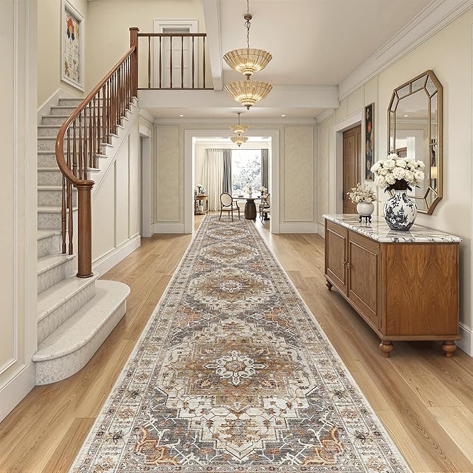Madane Hallway Runner Rug 3x20 Washable Kitchen Runners 20ft, Turmeric/Grey