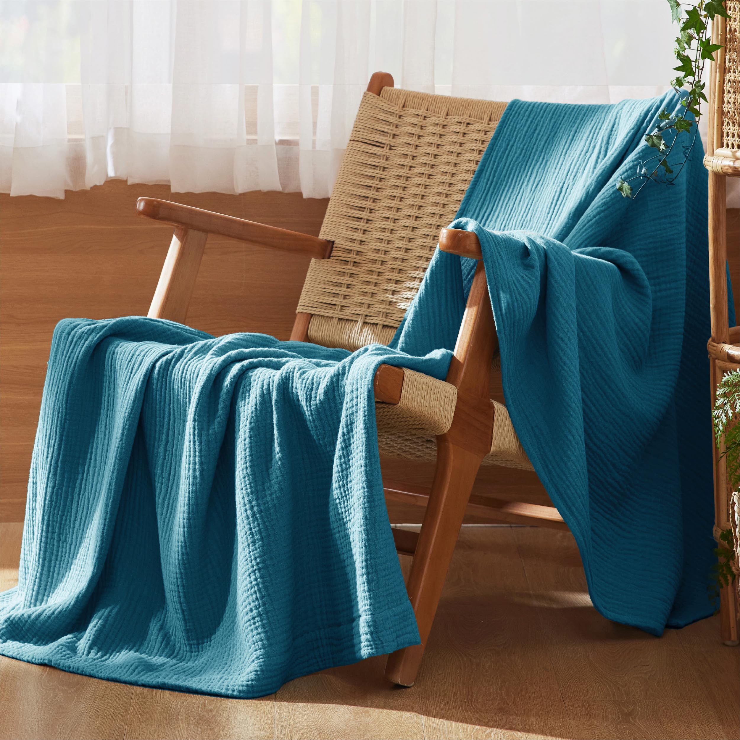Bedsure 100% Cotton Muslin Throw Blanket Large 50x70 Inches - 4-Layer Breathable and Lightweight Thin Soft Summer Gauze Muslin Blankets for Adults, Teal, Boho Cotton Throw for Couch