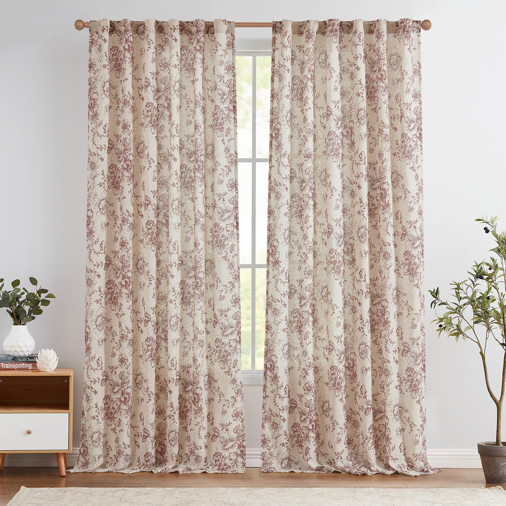 jinchan Vintage Floral Linen Curtains 96 Long for Living Room 2 Panels