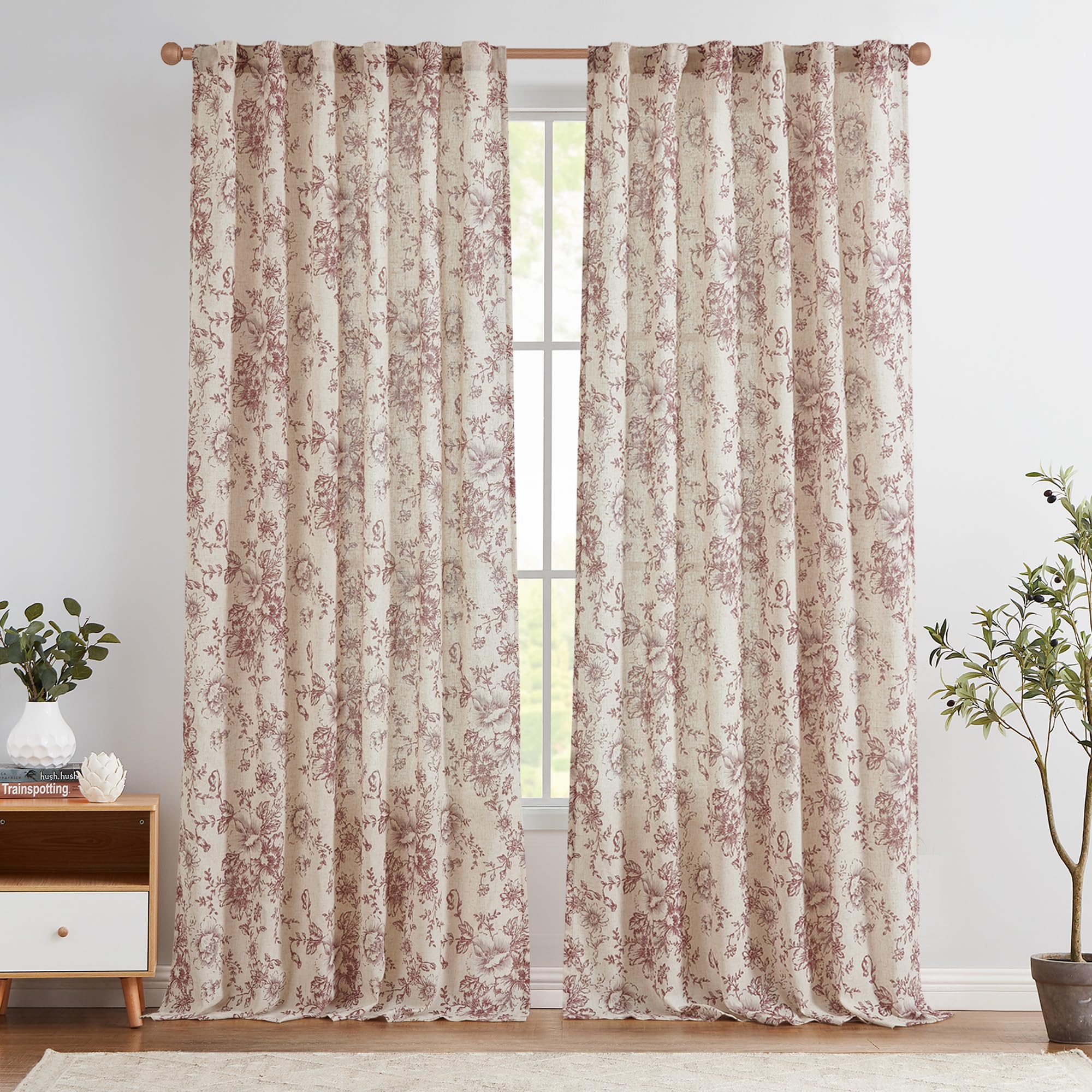 jinchan Vintage Floral Linen Curtains 96 Long for Living Room 2 Panels