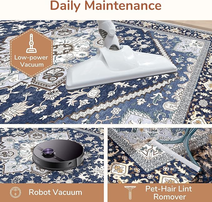 OPPODREAM Soft Area Rugs 6x9, Persian-Inspired Washable Rug, Blue & Gold