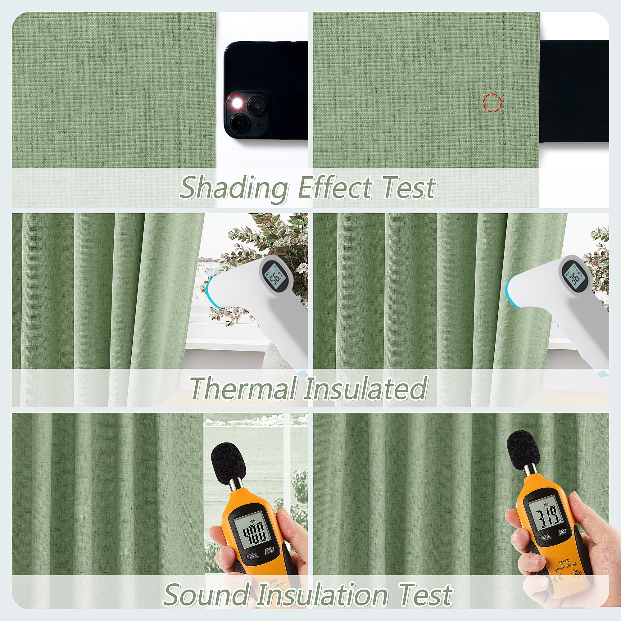 Guken 100% Blackout Linen Curtains 84 Inch Length 2 Panels Set for Living Room Bedroom Back Tab Thermal Insulated Black Out Linen Drapes Room Darkening Window Curtains 84 Inches Long,Light Sage