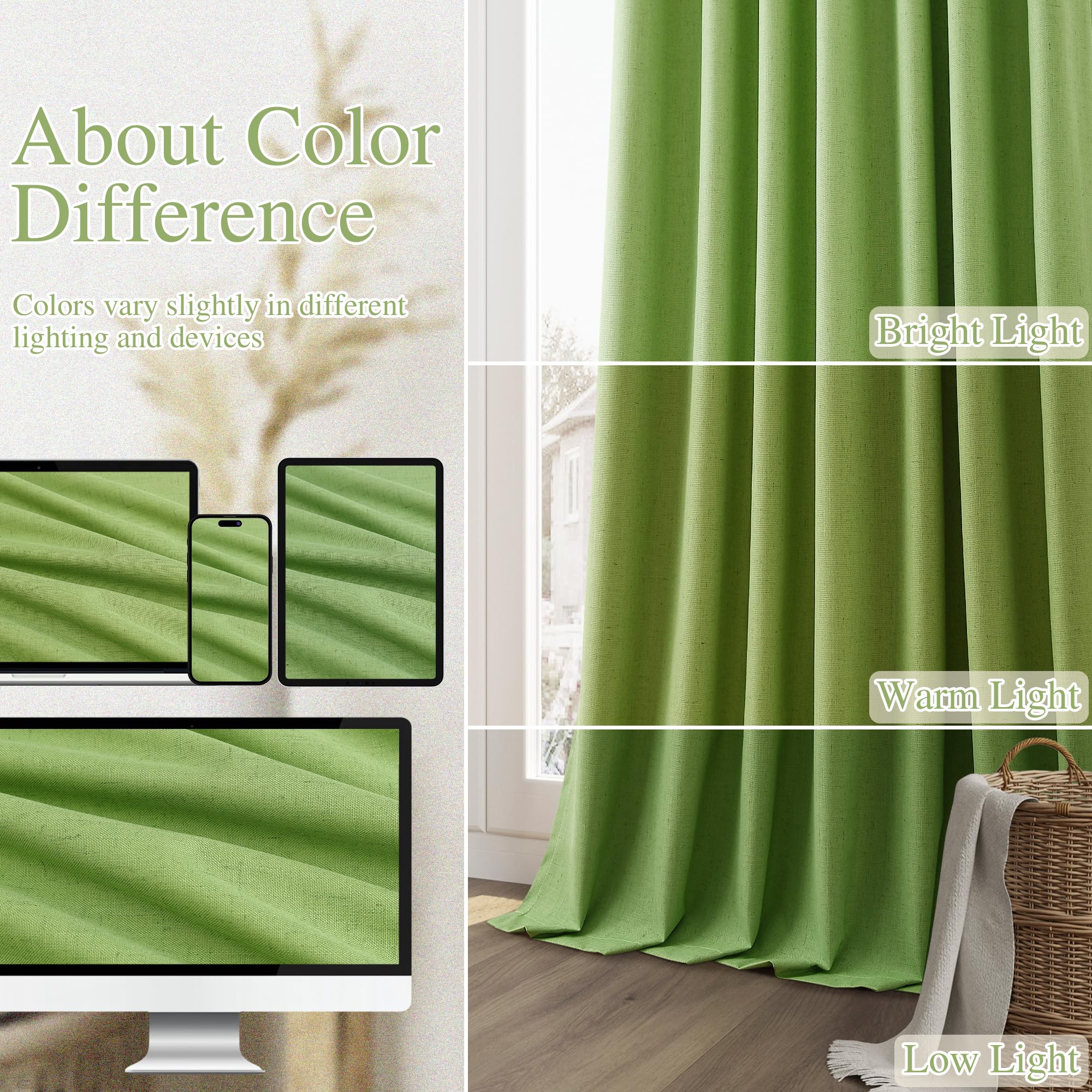 Guken 100% Blackout Curtains 84 Inch Length 2 Panels Set for Living Room Bedroom Back Tab Thermal Insulated Black Out Linen Drapes Room Darkening Lime Green,52x84
