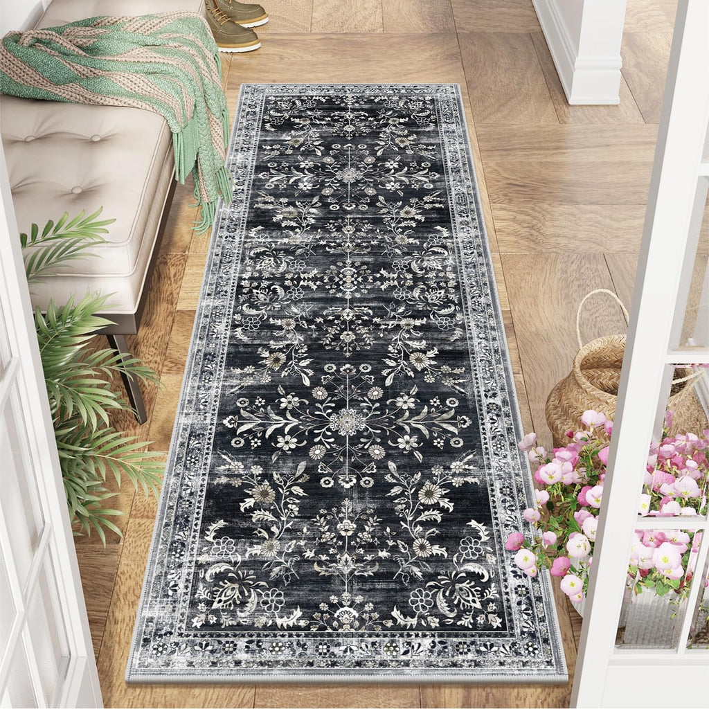 Yamaziot 2x6 Washable Hallway Runner Rug Non Slip Floral Carpet, Black