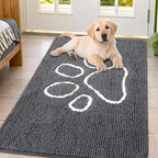 Smiry Dog Door Mat for Muddy Paws, Absorbent Dirt Trapper Non Slip Quick Dry Washable Chenille Mat for Mud Dogs, Entry Rug for Indoor and Outdoor (44x32 Inches, Dark Grey and White)