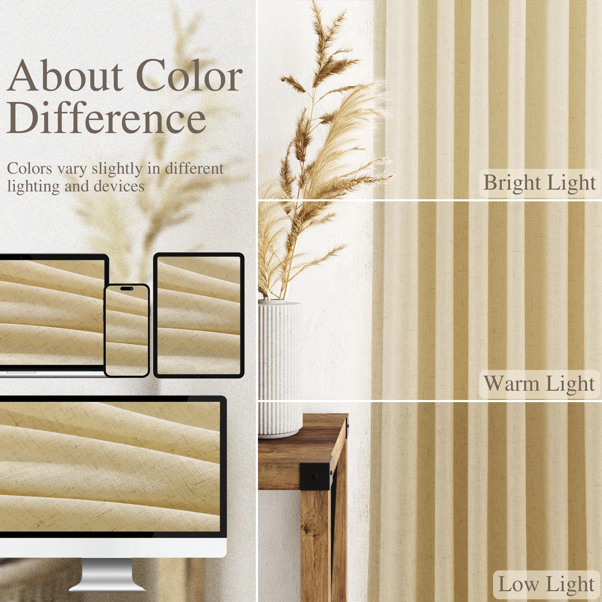 Nanspring Modern Farmhouse Curtains Linen for Living Room 84 Inches Long Cream Yellow Light Filtering Sheer Curtains Back Tab and Rod Pocket Privacy Curtain for Bedroom Office 52x84, 2 Panels