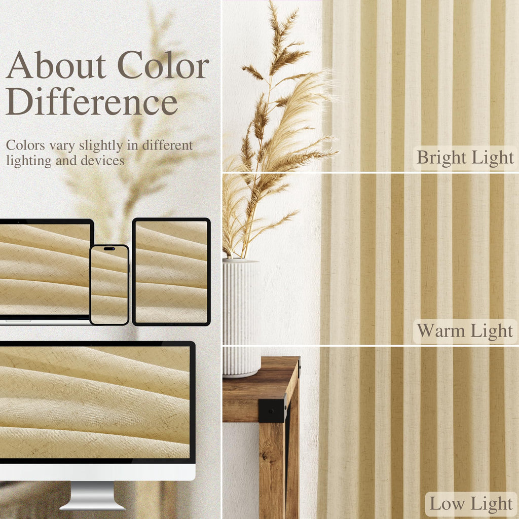 Nanspring Modern Farmhouse Curtains Linen for Living Room 84 Inches Long Cream Yellow Light Filtering Sheer Curtains Back Tab and Rod Pocket Privacy Curtain for Bedroom Office 52x84, 2 Panels