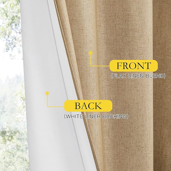 NICETOWN 100% Absolutely Blackout Linen Curtains with Thermal Insulated White Liner, Camel, W42 x L84, 2 Panels, Long Curtains 84 inch Length for Patio Door, Doorway, Office, Overnight Shiftworker