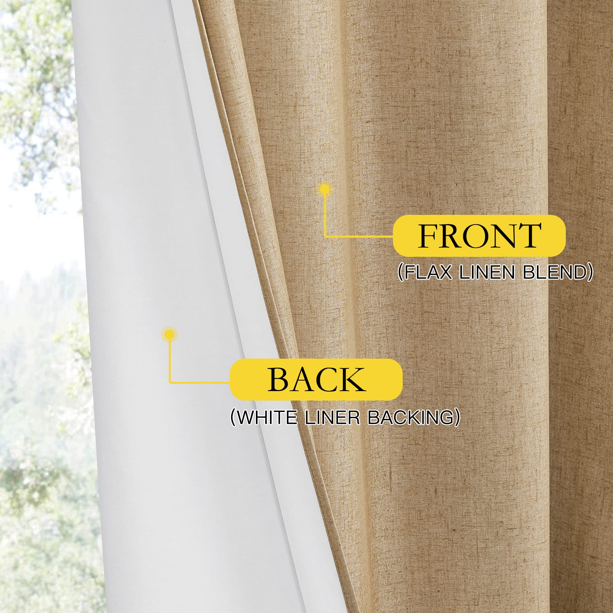 NICETOWN 100% Absolutely Blackout Linen Curtains with Thermal Insulated White Liner, Camel, 62" Wide, 2 Pieces, Privacy Vertical Window Drapes for Office Laundry Living Room Windows 84 inch Long