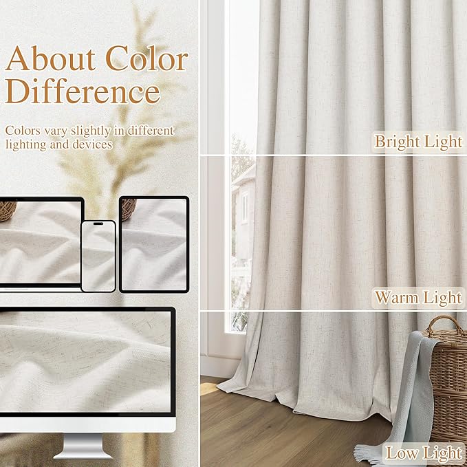 Guken 90 Inch Long Boho 100% Blackout Linen Curtains for Living Room Back Tab Rod Pocket Room Darkening Thermal Insulated Drapes for Bedroom Black Out Window Curtain 2 Panels, 52x90