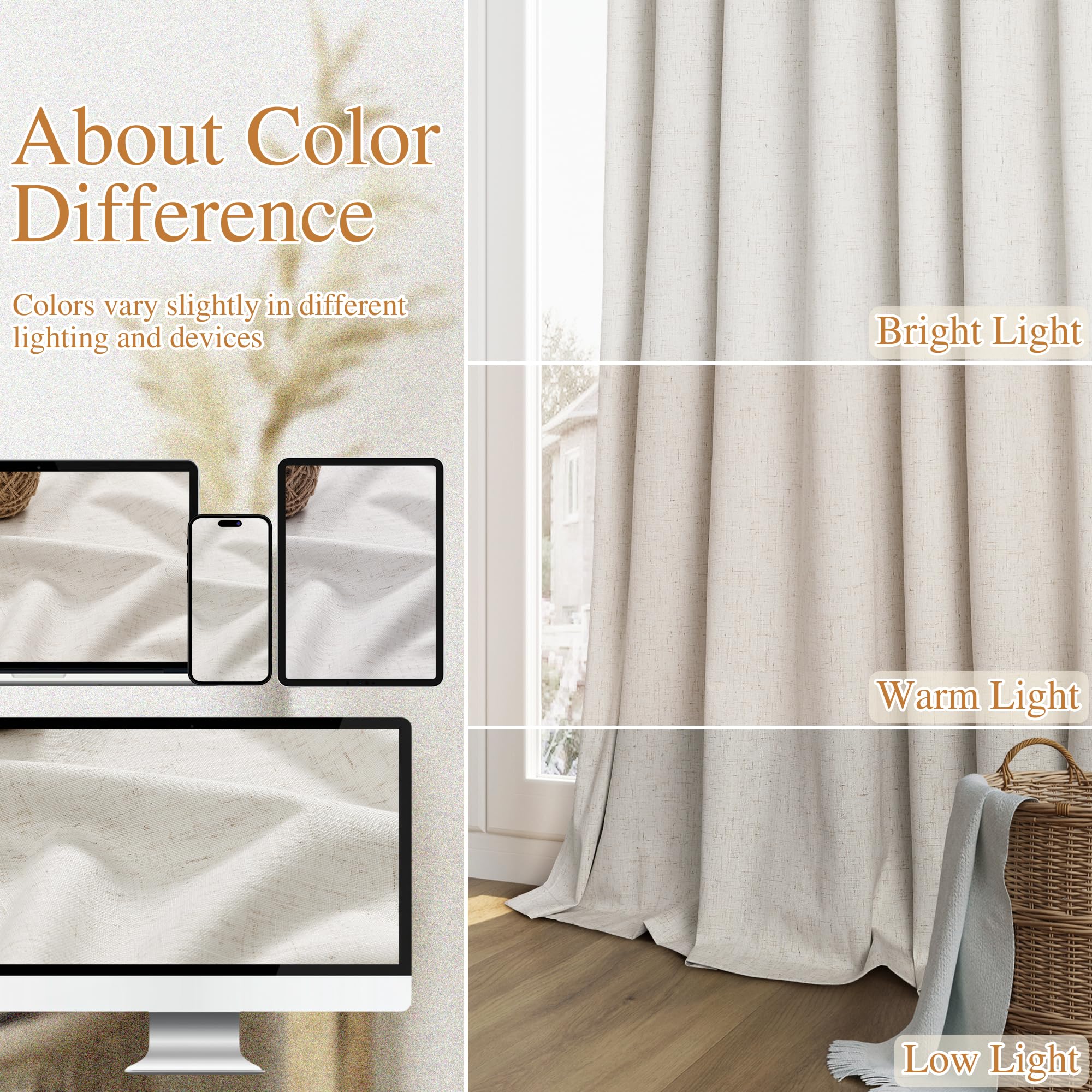 Guken 102 Inches Extra Long Boho 100% Blackout Linen Curtains 2 Panels Set for Living Room Bedroom Back Tab Thermal Insulated Black Out High End Drapes Room Darkening Window Curtain