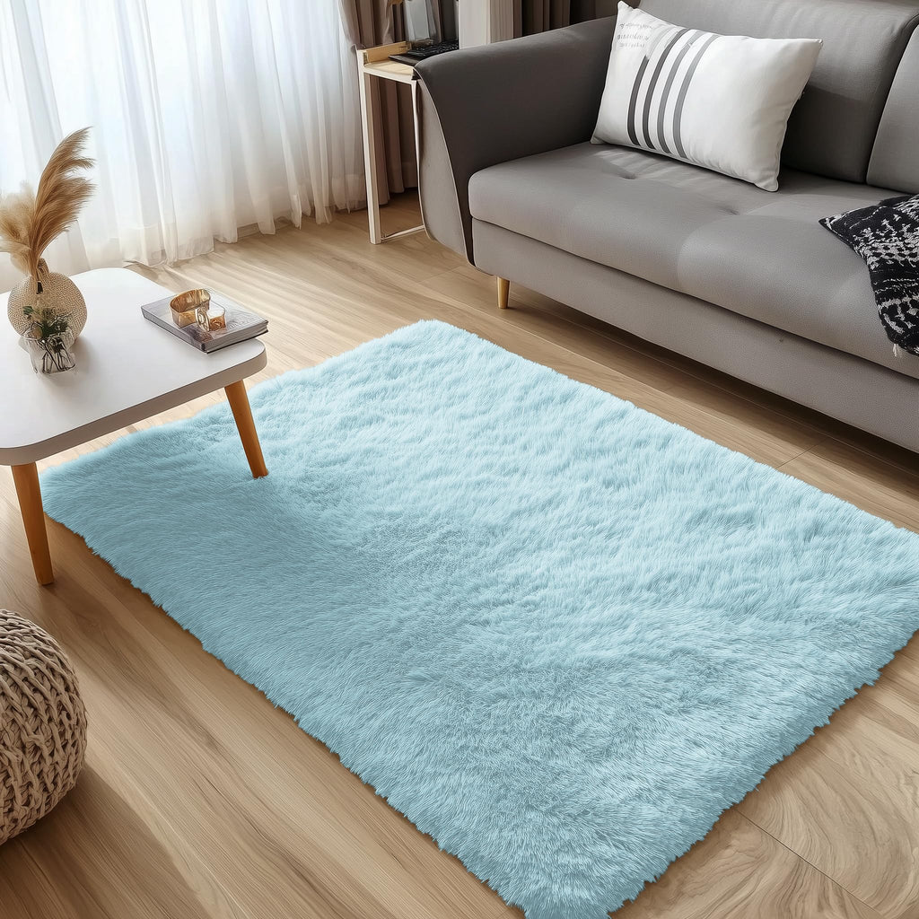 OLANLY 3x5 Machine Washable Small Bedside Rug, Soft Fluffy Shaggy Rugs for Living Room, Bedroom, Indoor Floor Carpet for Kids Girls and Boys, Preppy Dorms, Nursery, Home Decor Aesthetic, Light Blue