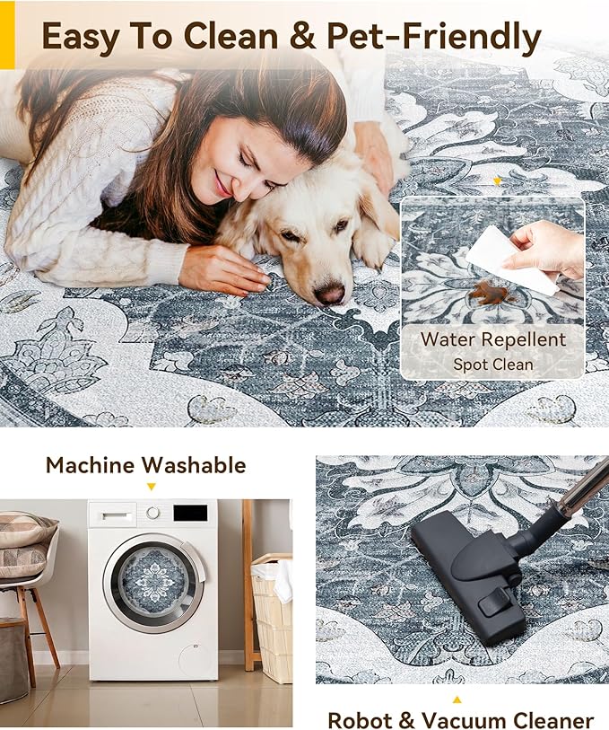 Area Rugs 6ft Washable Non-Slip, Floral Vintage Distress Print Pattern Medallion Carpet for Living Room Bedroom Dining Room, Light Gray Grey White