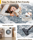 Area Rugs 8ft Washable Non-Slip, Floral Vintage Distress Print Pattern Medallion Carpet for Living Room Bedroom Dining Room, Light Gray Grey White