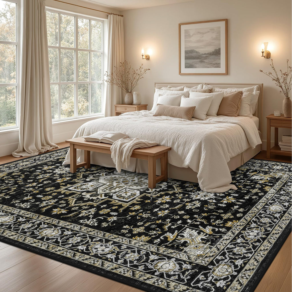 ExpediX 9x12 Area Rugs Living Room: Washable Rug for Bedroom Black Gold