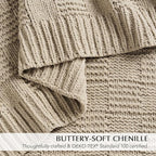 EVERGRACEHOME Modern Checkered Chenille Throw Blanket, Soft Cozy Plaid Knitted Chair Blanket for Sofa Couch, Decorative Knit Throw for Bed and Living Room, Sand Dune, 50" x 60"