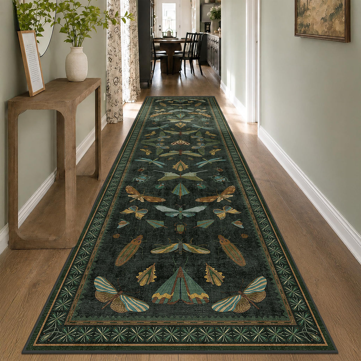 3x12 Long Hallway Runner Rug Non Slip - Washable Front Door Runner Indoor Entrance, Boho Nature Insect Stain Resistant Kitchen Carpet, Low Pile & Soft Indoor Décor (Dark Green)