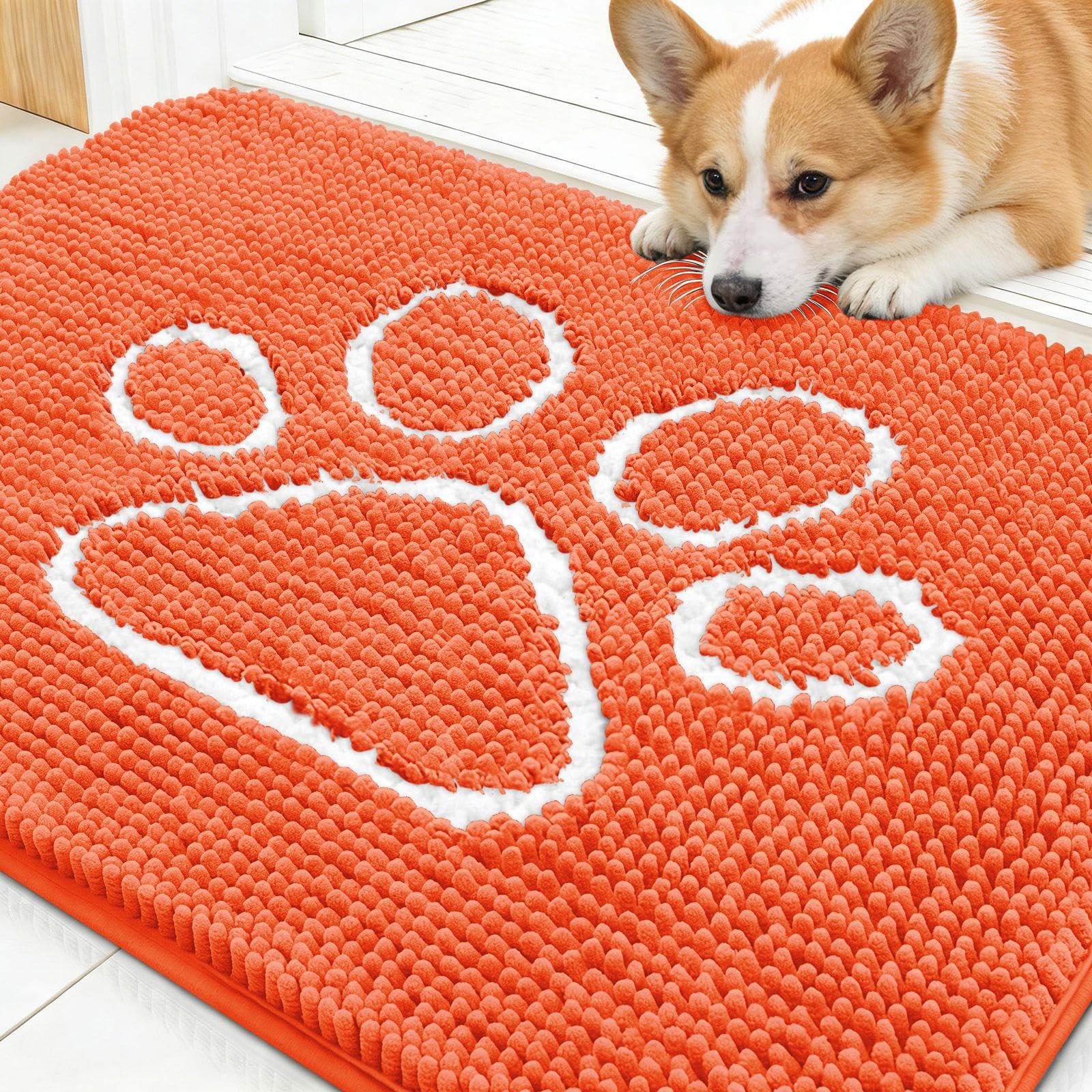 OLANLY Dog Door Mat for Muddy Paws 30x20, Paw Print Design Chenille Mud Mat