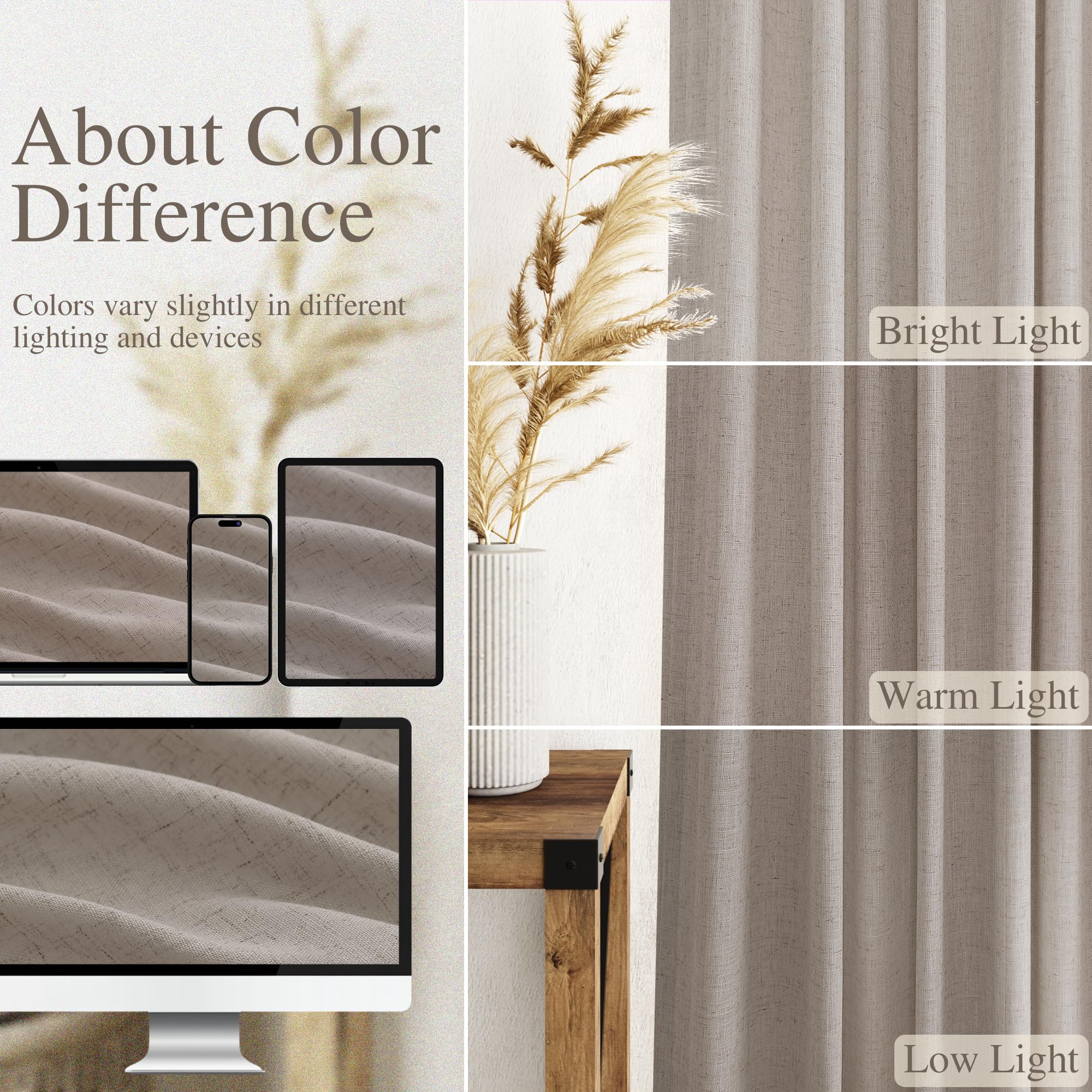 Nanspring 102 Inch Long Curtains for Living Room Stone Beige Linen Light Filtering Semi Sheer Curtain Back Tab Simple Modern Floor to Ceiling Farmhouse Drapes for Bedroom Office 52x102, 2 Panels