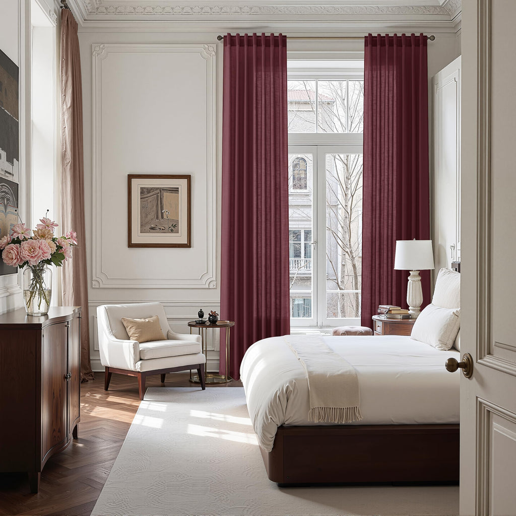 Nanspring Burgundy Linen Curtains 132 Inch Length for Living Room Light Filtering Semi Sheer Curtain Back Tab Vintage Boho Decor Drapes Floor to Ceiling High Window for Bedroom 52x132, 2 Panels
