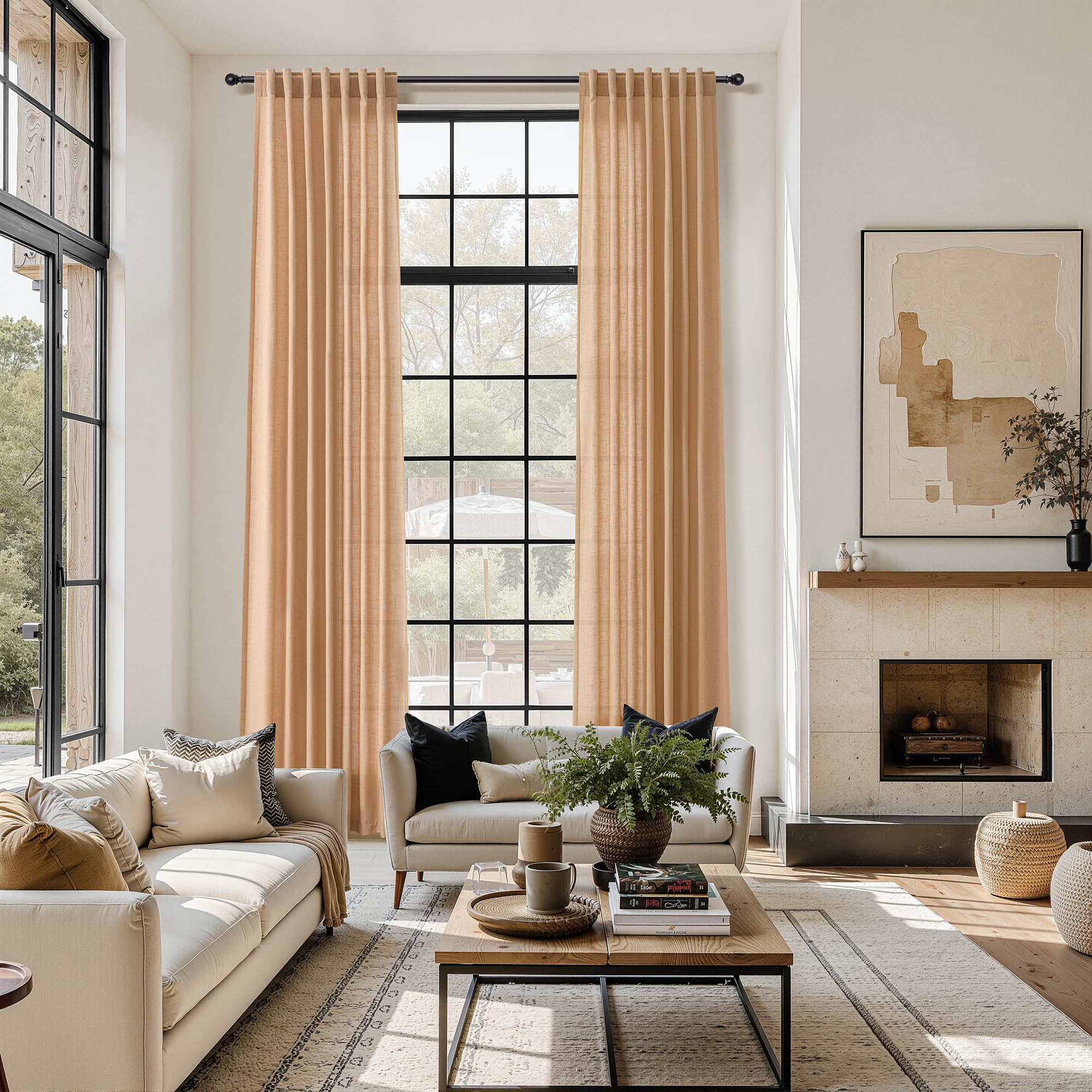 Nanspring Camel Linen Curtains for Living Room Extra Long 144 Inches Long Back Tab Light Filtering Semi Sheer Curtain Vintage Rustic Decor Floor to Ceiling High Window for Bedroom 52x144, 2 Panels