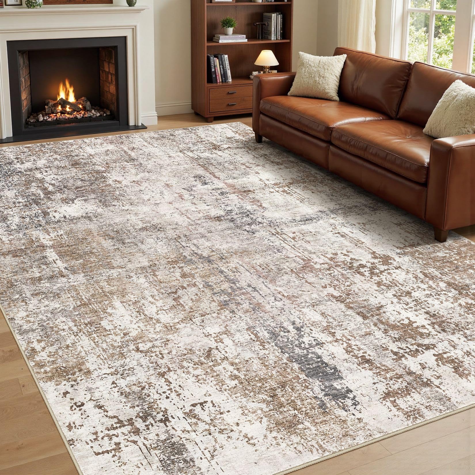 UERMEI 7x9 Area Rug Living Room Rugs - Washable Neutral Modern Abstract Soft Thin Rug Indoor Floor No Slip Rug Carpet for Bedroom Under Dining Table Home Office Decor - Brown/Grey/Red