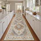 Madane Hallway Runner Rug 2'6''x16' Kitchen Runner - Non Slip Vintage Runners for Hallways Washable Soft Low Pile 2.5x16 ft Rug Runner for Laundry Room, Entryway and Bedroom, Turmeric/Grey