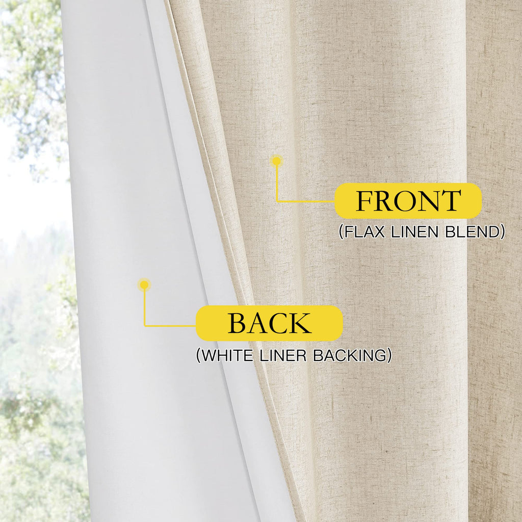 NICETOWN 100% Absolutely Blackout Linen Curtains with Thermal Insulated White Liner, Beige, 52" Wide by 48" Long, 2 Pieces, Anti-Rust Grommet Natural Burlap Fabric Window Drapes for Bedroom/Kids Room