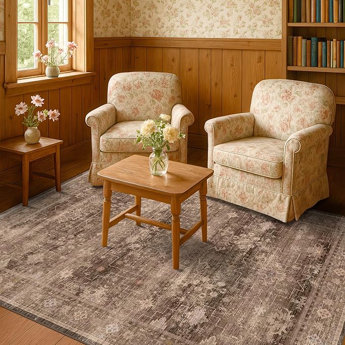Hazo Haus Boho Taupe Brown 5x7 Living Room Rug - Modern Vintage Traditional Oriental Neutral, Washable Low Pile Non-Slip Large Area Rugs for Nursery Dining Under Table