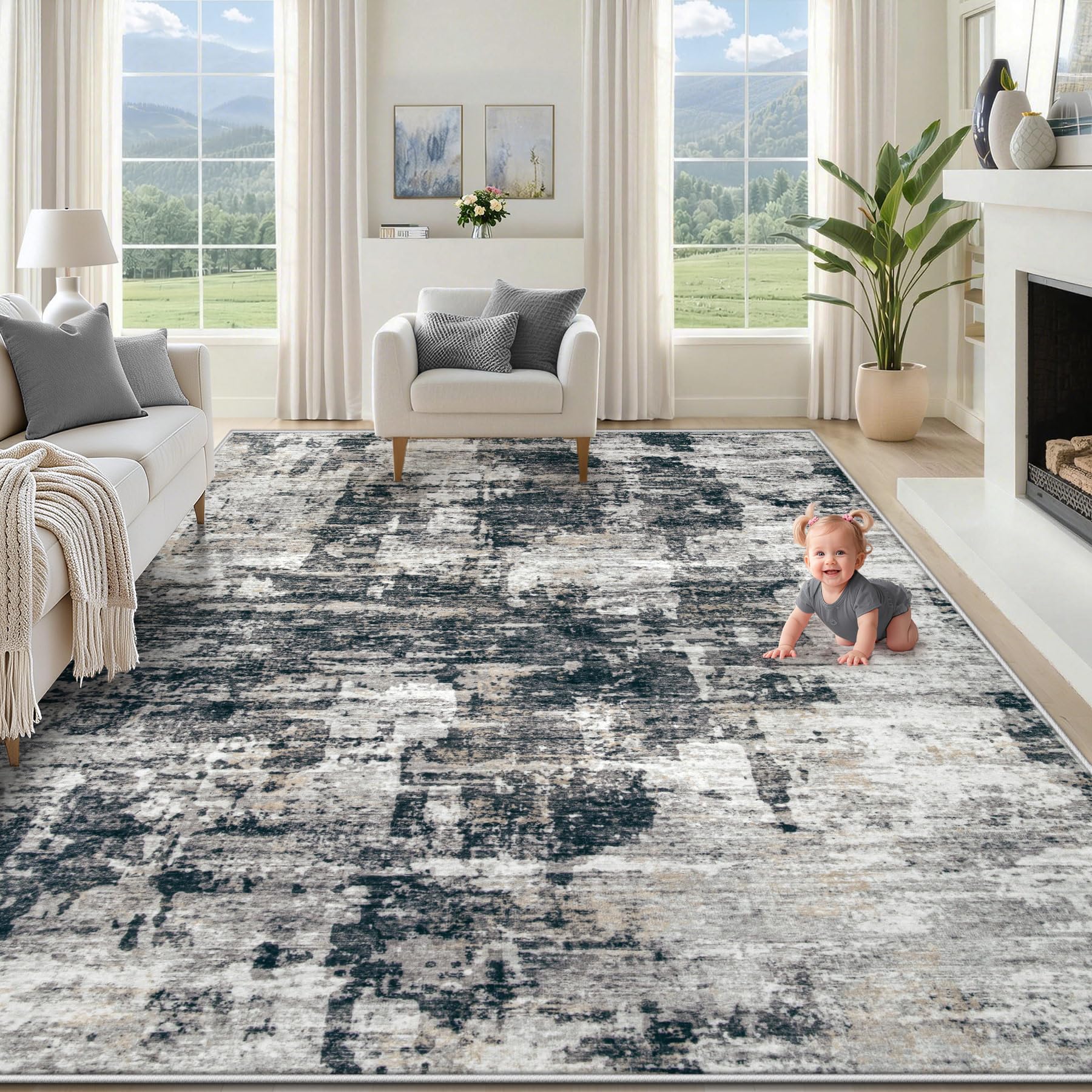 XLUEZ 8x10 Area Rugs for Living Room, Washable Modern Abstract Large Area Rug Neutral Soft Non Slip Kids Rug Stain Resistant Indoor Carpet for Bedroom Nursery Dining Room Playroom(BlackGrey, 8'x10')