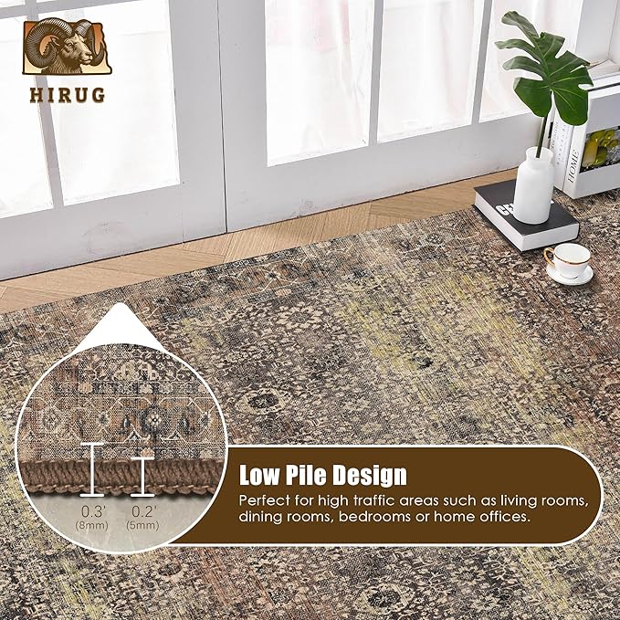Washable Area Rug 3' x 5 ' Vintage Traditional Persian Mat - Foldable Distressed Non-Slip Machine Washable Carpet for Living Room Bedroom Kitchen Home Decor - Umber and Slate
