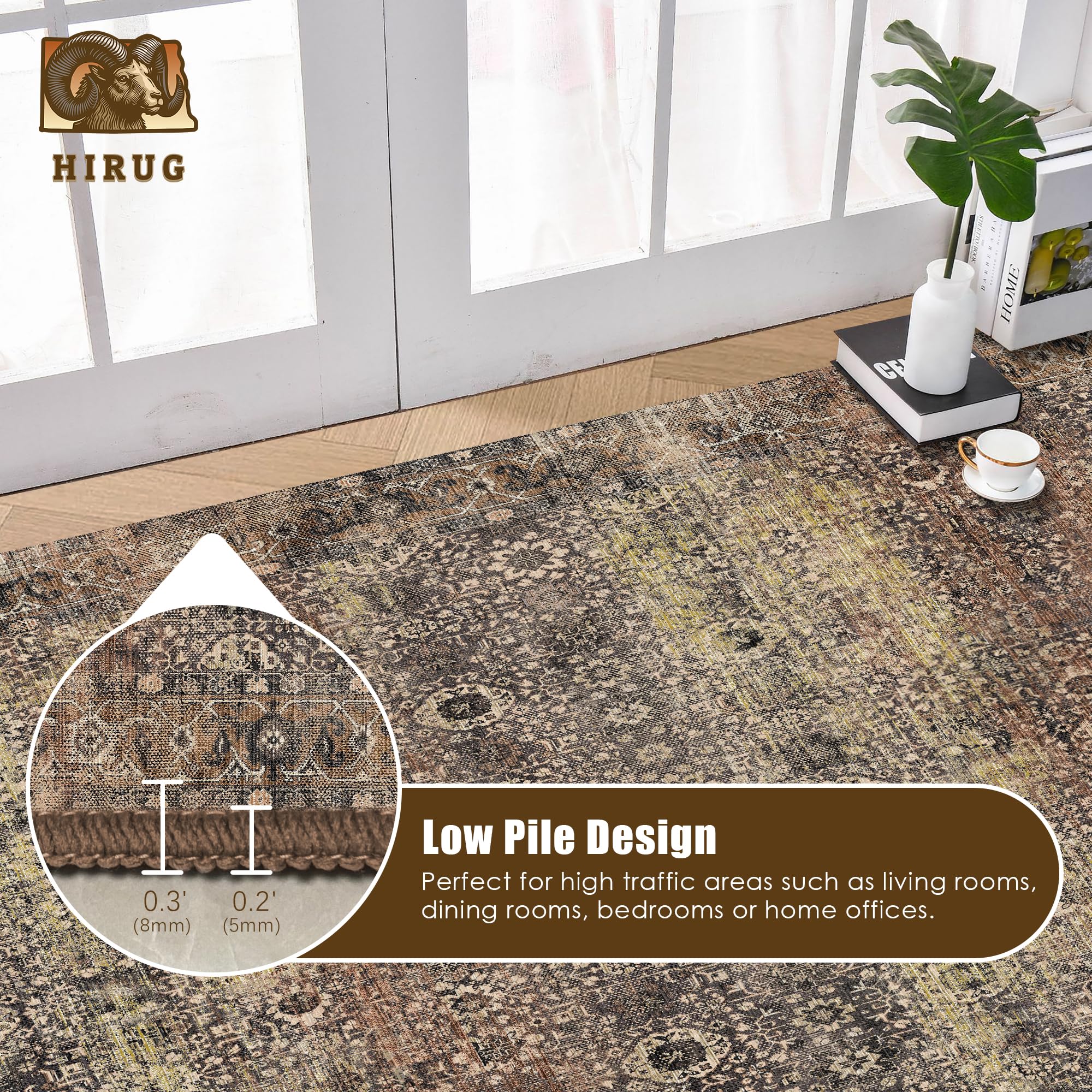 Washable Area Rug 4' x 6' Vintage Traditional Persian Mat - Foldable Distressed Non-Slip Machine Washable Carpet for Living Room Bedroom Kitchen Home Decor - Umber and Slate