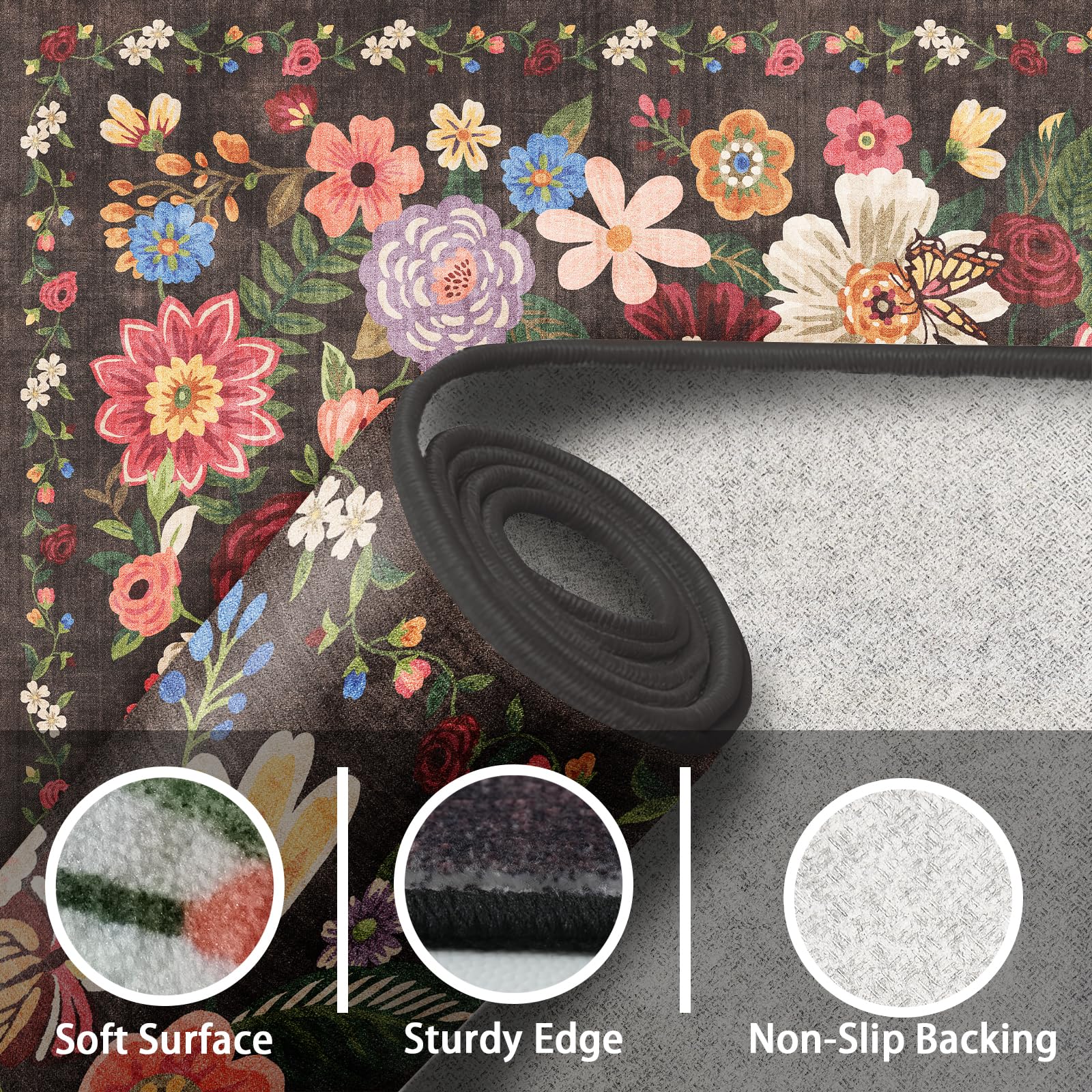 Babovid Black Brown Floral Hallway Runner Rug 2x8 for Bedroom Kitchen