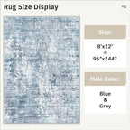 Washable Area Rug 8x12, Large Soft Rugs for Living Room Vintage Blue/Grey Carpet 8x12 Area Rugs for Bedroom Dining Room Non-Slip Stain Resistant Under Table Rug