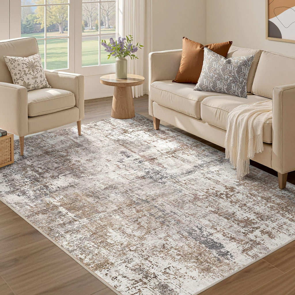 UERMEI 4x6 Area Rug Living Room Rugs - Washable Neutral Modern Abstract Soft Thin Rug Indoor Floor No Slip Rug Carpet for Bedroom Under Dining Table Home Office Decor - Brown/Grey/Red