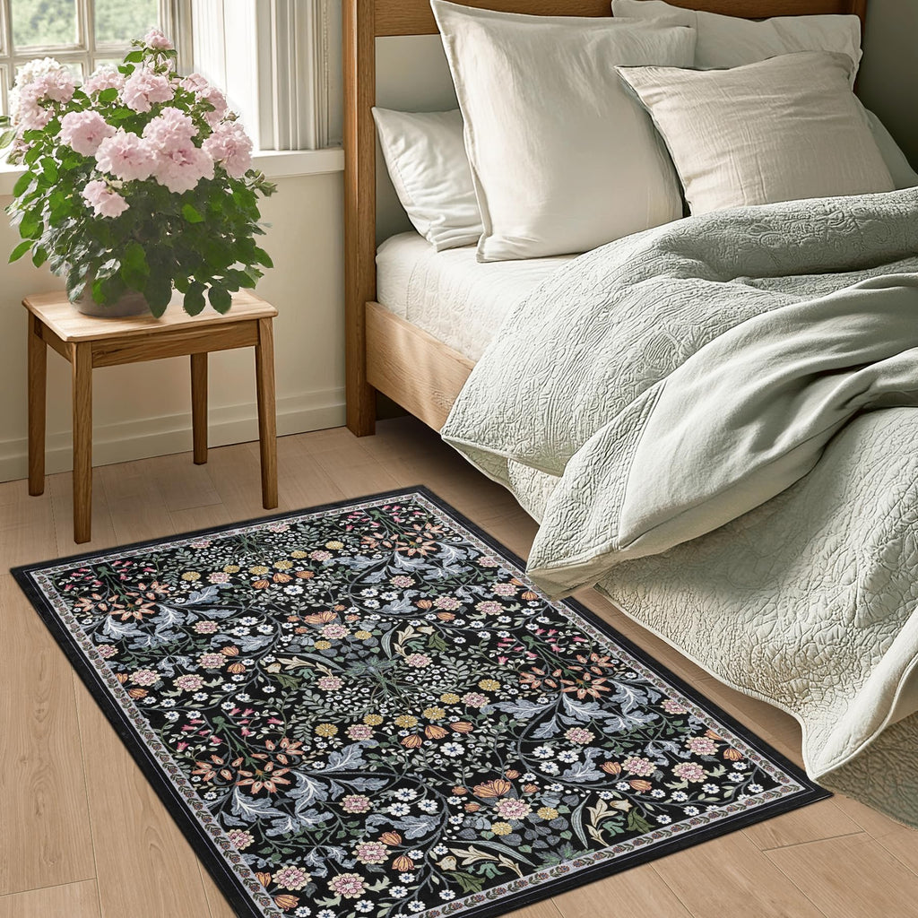 PLHXFR 2x3 Small Entryway Rug: Floral Washable Indoor Carpet Dark Black