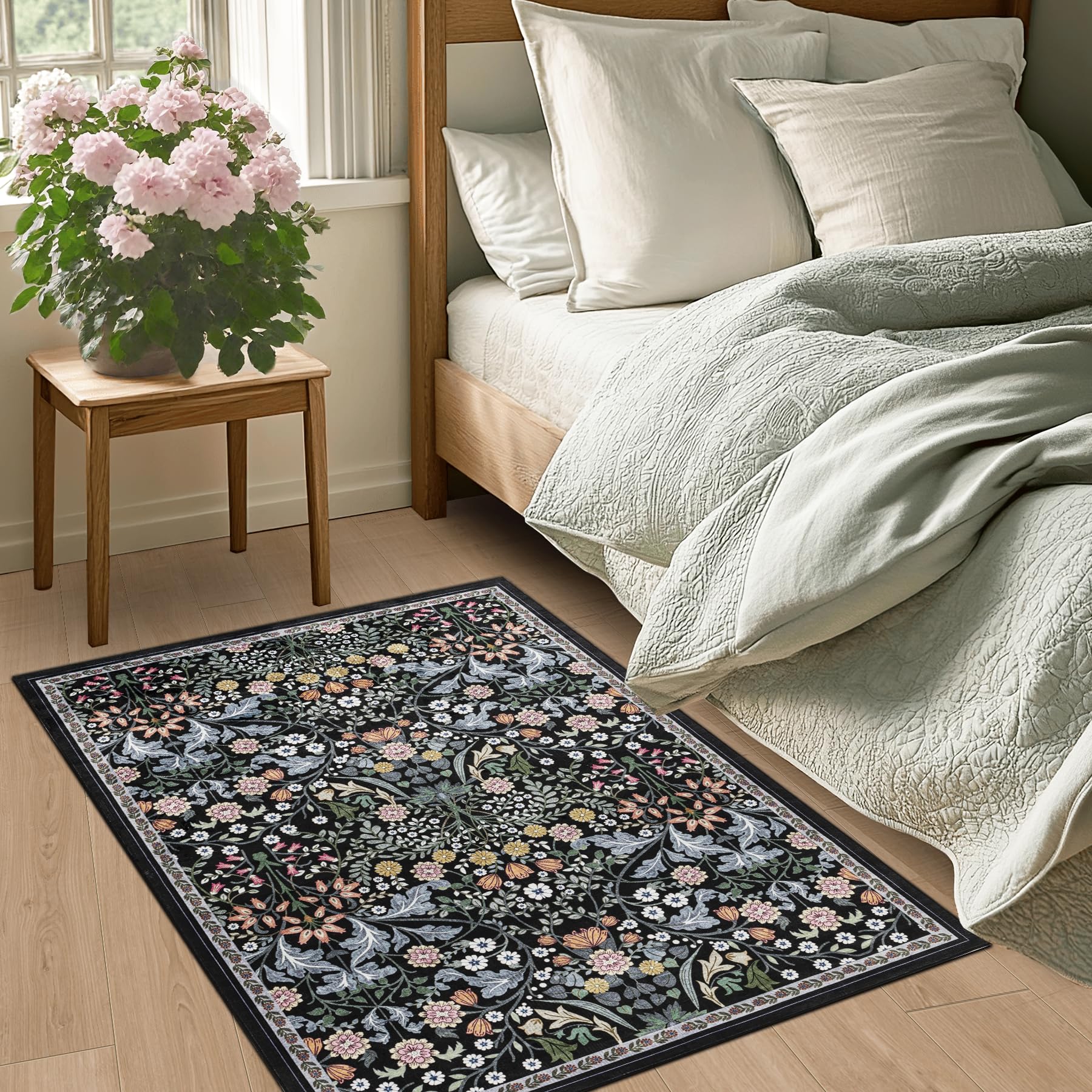 PLHXFR 2x3 Small Entryway Rug: Floral Washable Indoor Carpet Dark Black