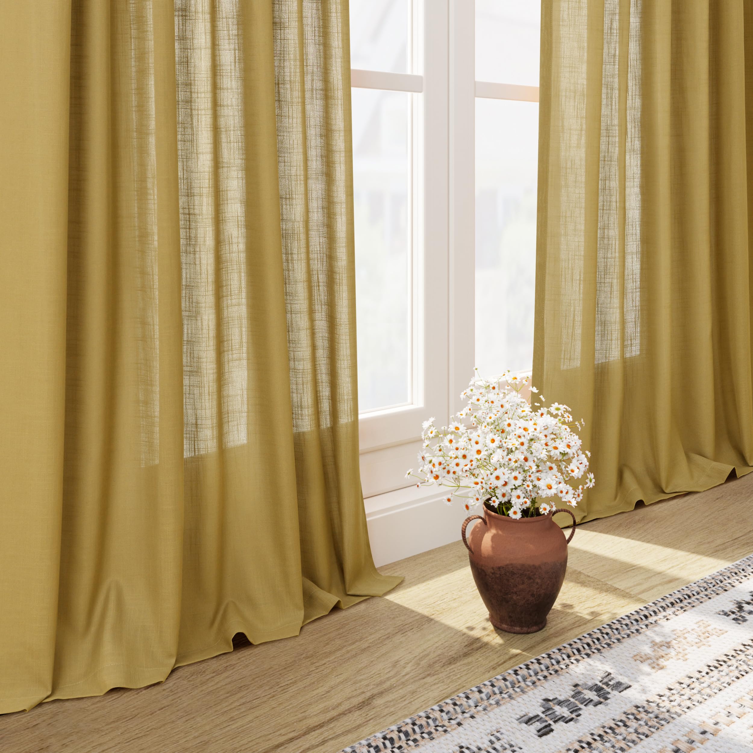 Nanspring Gold Linen Curtains 72 Inch Length for Living Room Semi Sheer Light Filtering Door Drapes 2 Panels Set for Kids Bedroom Light Filtering Back Tab Rod Pocket Modern Farmhouse Decor 52x72