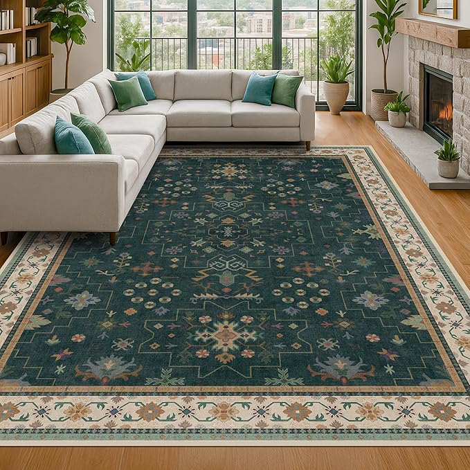 Hazo Haus Dark Green Oushak Living Room Rug 10x14 - Modern Vintage Boho Eclectic Floral Pastel, Washable Low Pile Non-Slip Extra Large Area Rugs for Dining Under Table Bedroom Lounge