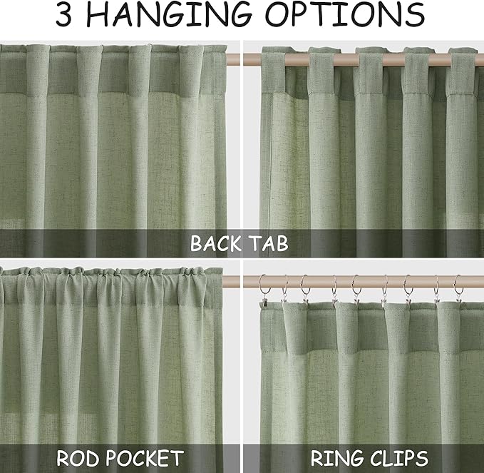 Nanspringt Light Sage Linen Semi Sheer Curtains 80 Inch Length for Living Room Lightweight Door Drapes 2 Panels Set for Bedroom Light Filtering Back Tab Rod Pocket Curtain Protect Privacy 52x80