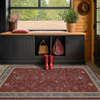 Washable 3x6 Entry Way Rugs Indoor - Burgundy Large Kitchen Rug, Non Slip Unique Bohemian Red Low Pile Thin Carpet for Bedroom Bedside, Foyer