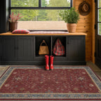 Washable 3x6 Entry Way Rugs Indoor - Burgundy Large Kitchen Rug, Non Slip Unique Bohemian Red Low Pile Thin Carpet for Bedroom Bedside, Foyer