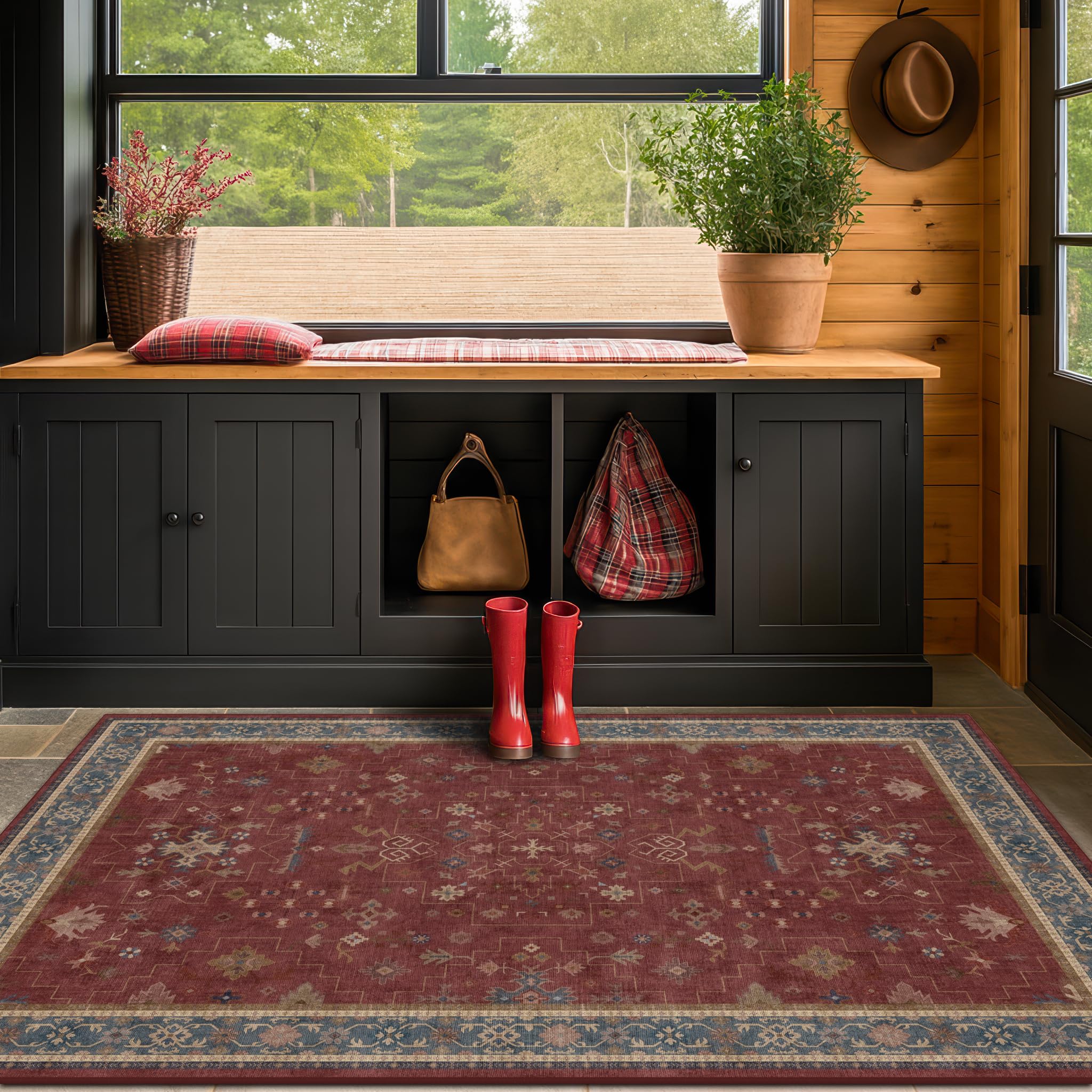 Washable 3x6 Entry Way Rugs Indoor - Burgundy Large Kitchen Rug, Non Slip Unique Bohemian Red Low Pile Thin Carpet for Bedroom Bedside, Foyer