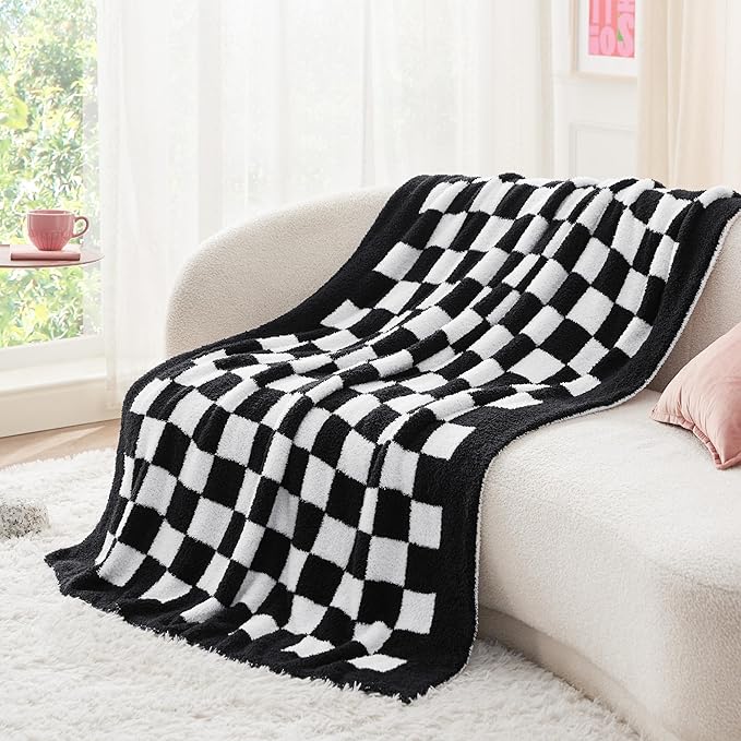 Bedsure GentleSoft Checkered Twin Blanket for Couch - Super Soft Cozy & Warm Knit Throw Blanket, Breathable, Lightweight & Fluffy Plaid Blanket for Bed, Sofa, Gifts for Women Men, Black, 60x80 Inches